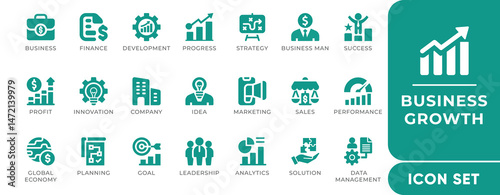Business Growth Icon Set. Includes profit, revenue, chart, progress, and success icons. Perfect for startup pitch decks, financial reports, and corporate infographics.
