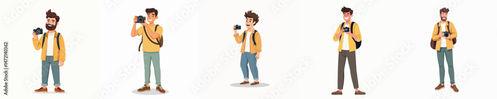 Happy Male Tourist Characters Taking Photos with Camera – Travel and Photography Concept Happy Male Tourist Characters Taking Photos with Camera – Travel and Photography Concept