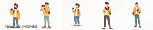 Happy Male Tourist Characters Taking Photos with Camera – Travel and Photography Concept