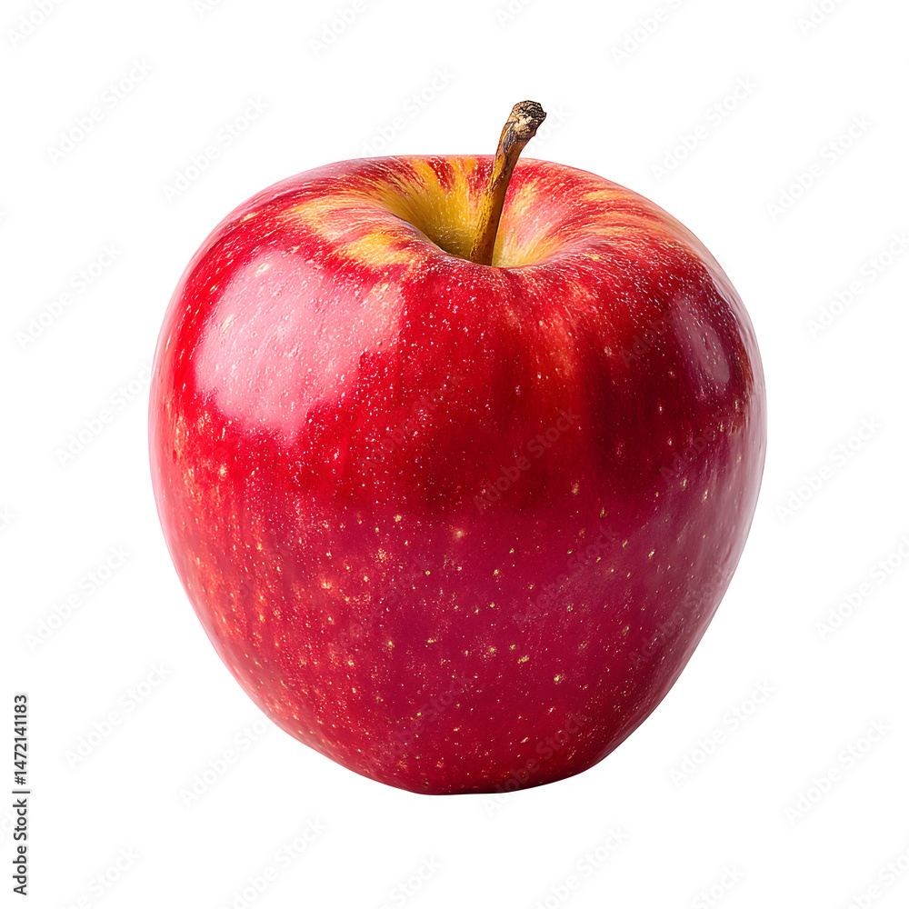 A vibrant red apple with subtle yellow highlights sits against a white background showcasing its juicy texture and glossy skin perfect for healthy eating concepts or food advertising. A vibrant red apple with subtle yellow highlights sits against a white background showcasing its juicy texture and glossy skin perfect for healthy eating concepts or food advertising.