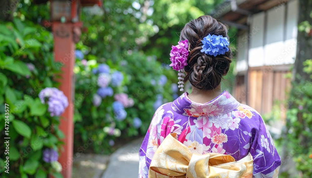 庭園に咲いたあじさいを眺める着物着た日本人女性の後ろ姿。AIで生成 庭園に咲いたあじさいを眺める着物着た日本人女性の後ろ姿。AIで生成