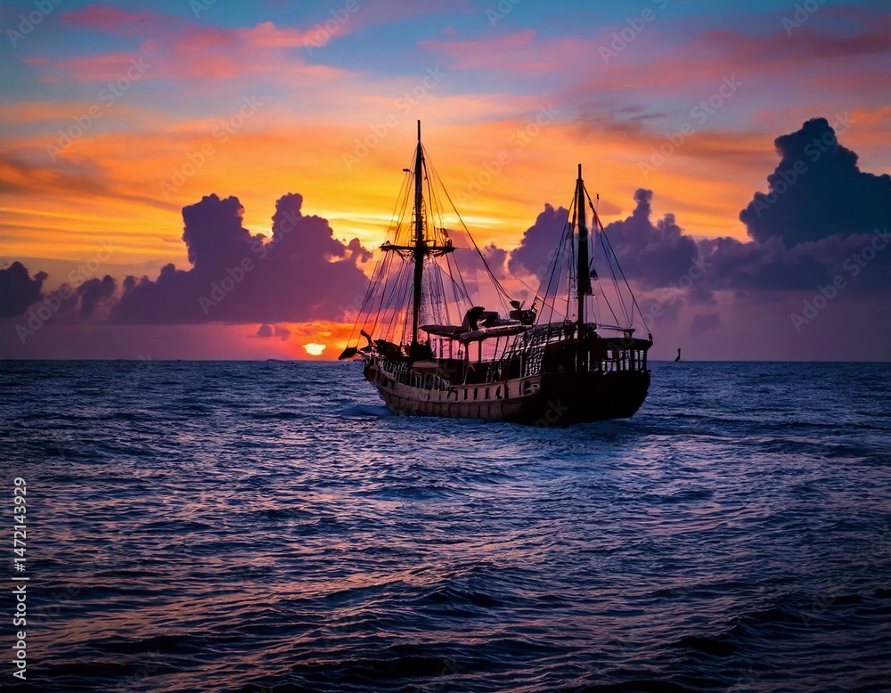 Obraz premium Sailing into the Sunset: A majestic sailboat glides serenely across the tranquil ocean, silhouetted against the vibrant hues of a sunset, creating a scene of tranquility and adventure.