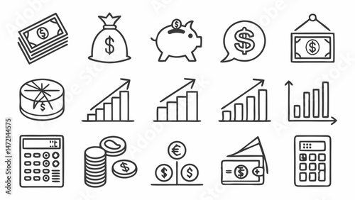 Profit line icon set. Money income, money savings, earnings, money, cash, investment, financial growth and more. Outline vector icon in linear style. Pictogram collection