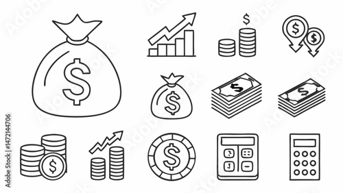 Profit line icon set. Money income, money savings, earnings, money, cash, investment, financial growth and more. Outline vector icon in linear style. Pictogram collection