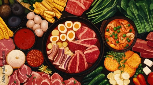 A vibrant assortment of fresh ingredients for a traditional hot pot meal, featuring meats, vegetables, and sauces