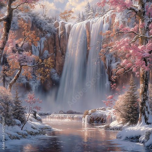 Waterfall and Cherry Blossom: A picturesque fusion of the icy grace of a waterfall and the delicate beauty of blossoming cherry trees.