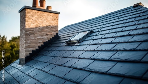 A close-up of a dark-tiled roof with skylights and a brick chimney against a partly cloudy sky and trees in the background.