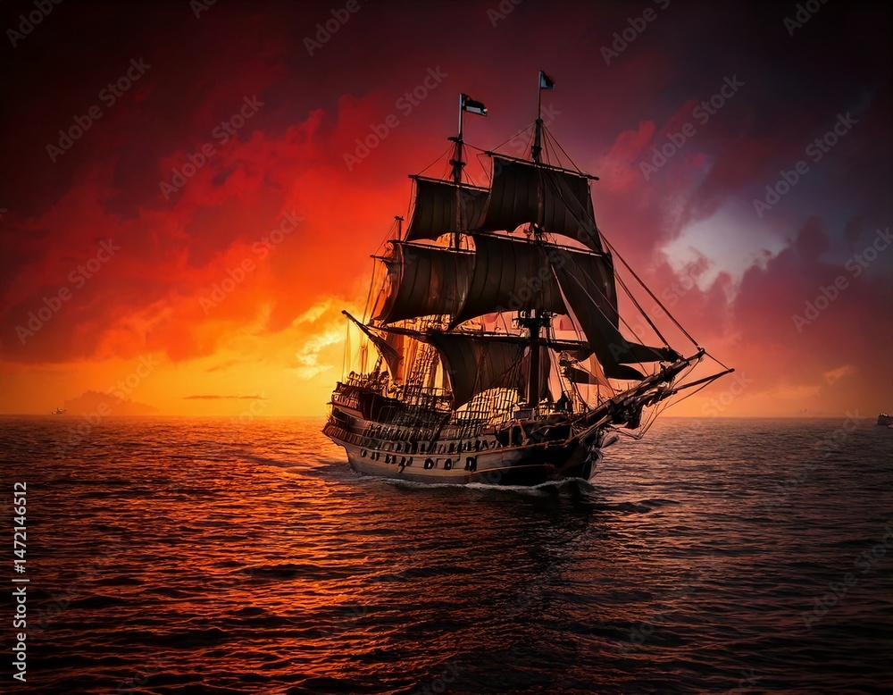 Fototapeta premium Sailing into the Sunset: A majestic sailing ship navigates the vast ocean under a vibrant, fiery sunset sky, its silhouette a stark contrast against the warm, radiant glow. 