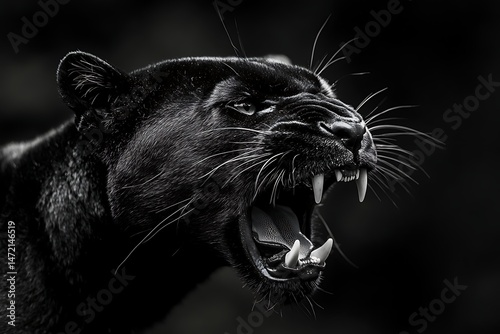 Fierce black panther with open mouth roaring displaying powerful sharp teeth