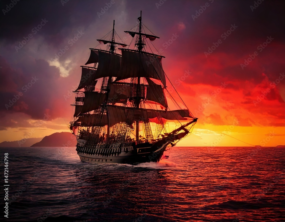 Fototapeta premium Sunset Sail: A majestic, fully-rigged ship sails through the open sea beneath a vivid sunset, the warm glow painting the sky with fiery hues and reflecting upon the tranquil water.