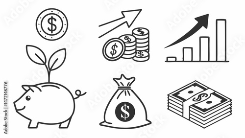 Profit line icon set. Money income, money savings, earnings, money, cash, investment, financial growth and more. Outline vector icon in linear style. Pictogram collection