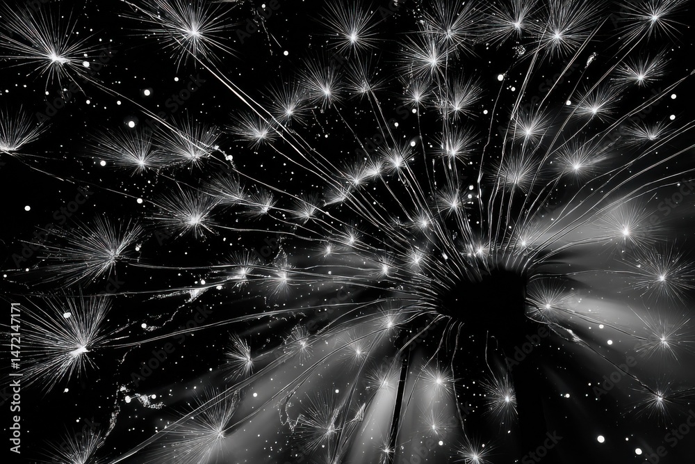 Obraz premium A striking monochrome close-up reveals the intricate, radiating structure of a dandelion seed head, resembling a celestial burst against a dark background. : Generative AI