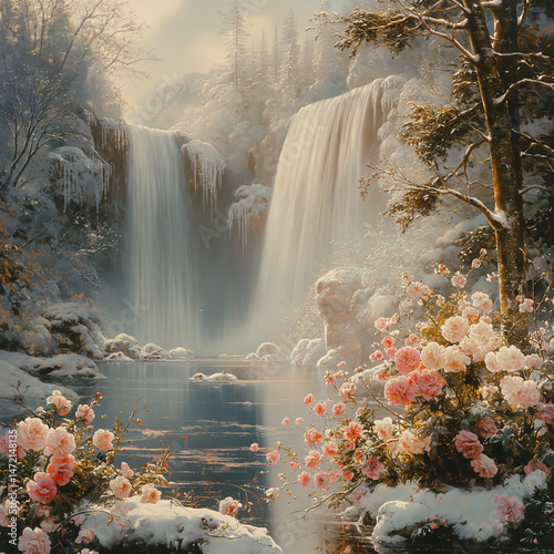 Winter Cascade and Rose garden: In a winter wonderland, a powerful cascade plunges into a serene pool, the air filled with misty spray and frozen crystals. The beauty of the roses blooms in the snow.