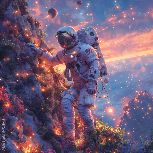 Astronaut on a Celestial Mountain: A lone astronaut, adorned in a sleek white spacesuit, traverses a celestial mountain landscape dotted with ethereal lights and glowing orbs.