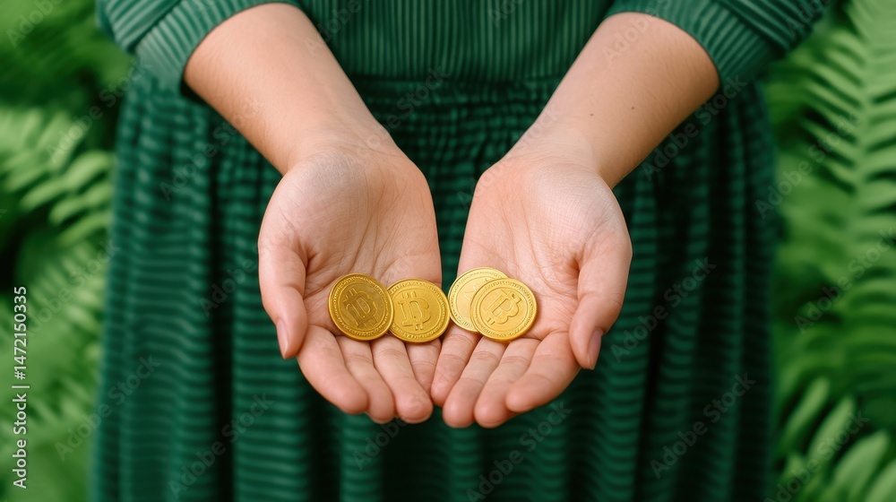 Obraz premium Woman Holding Golden Coins with Green Background and Foliage in Hands Full of Riches and Abundance