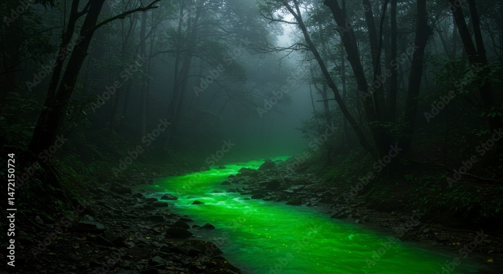 Fototapeta premium Misty, glowing green river winding through a dark forest