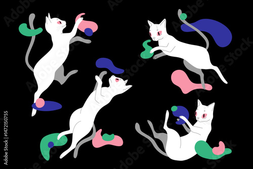 vector set with cats in zero gravity with colored liquid drops