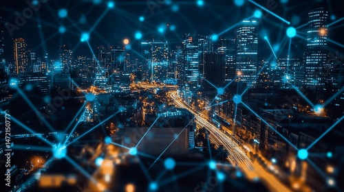 Aerial view of a futuristic city at night with interconnected network of dots and lines.