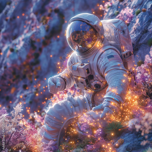 Astronaut among the Blossoms: A lone astronaut explores a fantastical, vibrant landscape of luminous flowers, a breathtaking fusion of space exploration and earthly beauty.