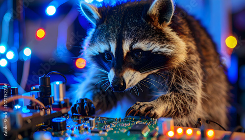 Raccoon with electronics a humorous technology concept for the modern age