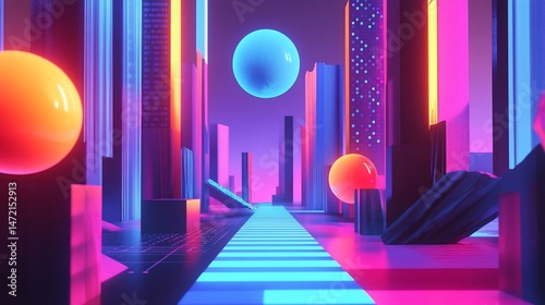 Neon cityscape futuristic pathway with vibrant colors and glowing spheres.
