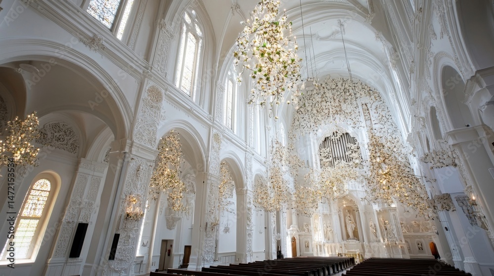 Obraz premium Ornate white church interior with numerous elaborate floral chandeliers hanging from the high arched ceiling, illuminating rows of pews. : Generative AI