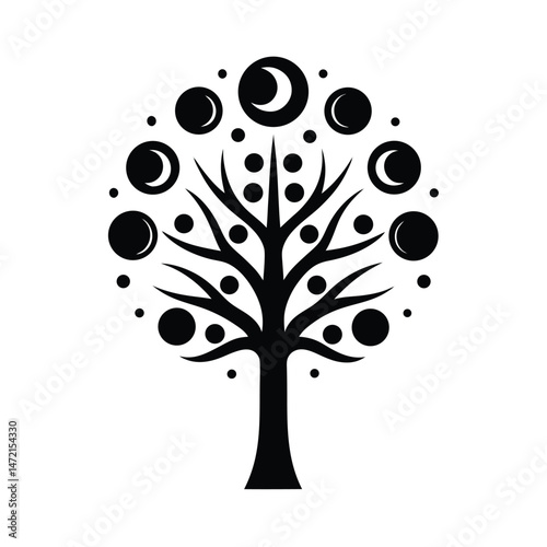Abstract tree illustration featuring crescent moons and circle orbs in a minimalist black and white design