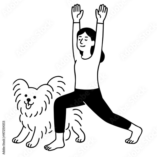 A dog and women doing yoga pose