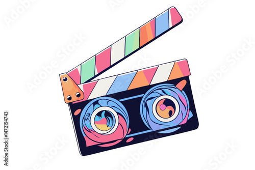 Colorful film clapperboard with vivid patterns