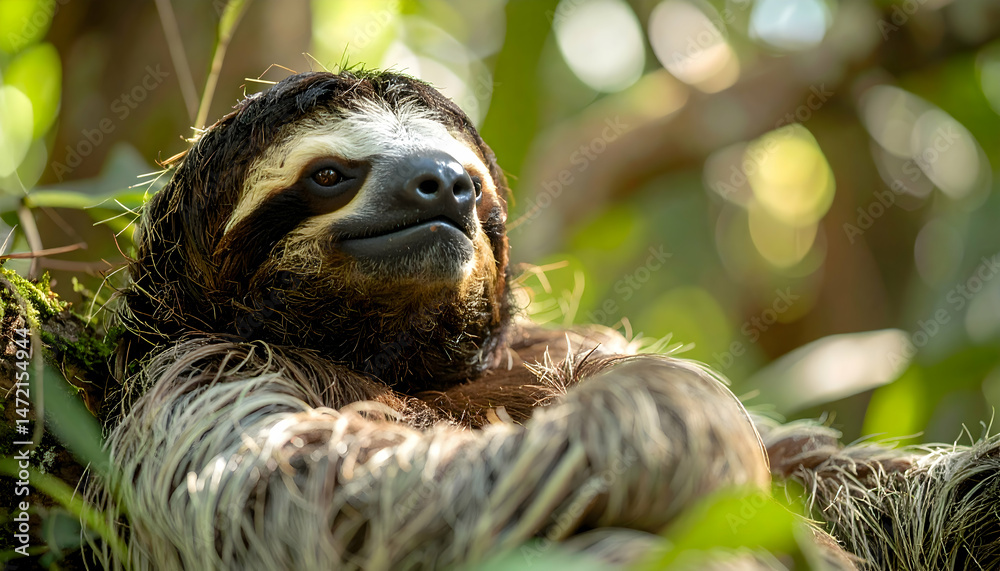 Fototapeta premium Relaxed three toed sloth resting in green foliage of tropical rainforest