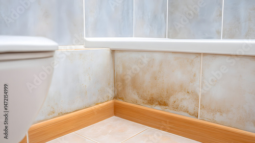 Dirty bathroom corner with mold and water stains, isolated clean shot