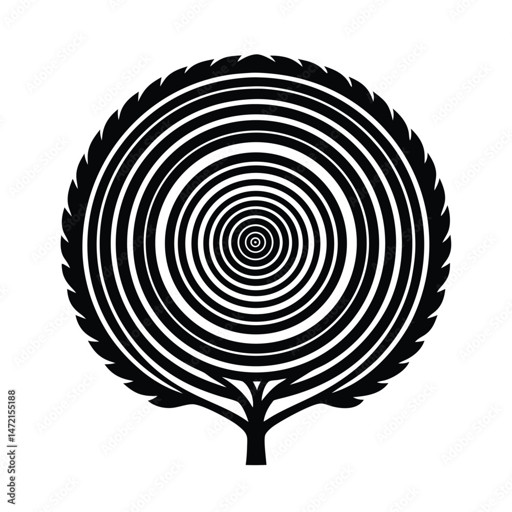 Fototapeta premium Abstract black and white tree design featuring concentric circles forming the artistic foliage on a white background.