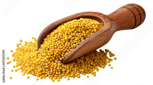 Mustard Seeds in Wooden Scoop: A close-up shot of golden yellow mustard seeds overflowing from a rustic wooden scoop, highlighting the texture and vibrancy of this pungent spice.