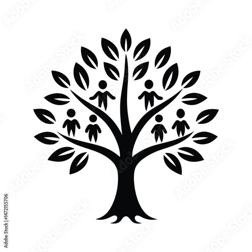 Symbolic black and white family tree depicting family unity and ancestry with leaves and people