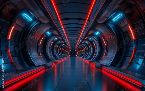 Futuristic tunnel with vibrant neon lighting.