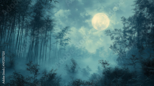 Mystical Bamboo Forest: A captivating, atmospheric shot of a bamboo forest bathed in the serene glow of a full moon, creating a sense of wonder and tranquility.