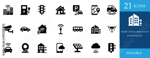 Smart city and urban tech icon set featuring EV, drone, AI, cloud, solar, GPS, sensor, surveillance and more. Clean solid icons, ideal for modern infrastructure projects