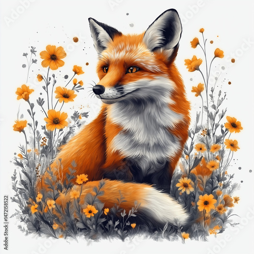 Fox among Flowers: A majestic fox, with a vibrant coat, rests amongst a vibrant cluster of blooming flowers. The captivating artwork is a burst of natural beauty. 