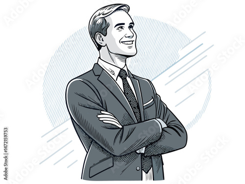 "Confident Businessman in Suit with Arms Crossed – Vector Illustration"

