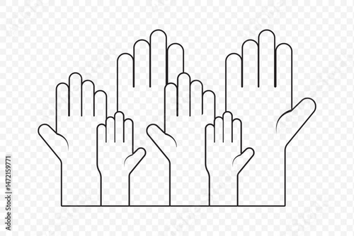 Raised hands voting icon vector sign on Transparent Background. EPS 10. Voting hands line icon set. Hand reaching silhouette, human raised hands. People vote by hand sign.