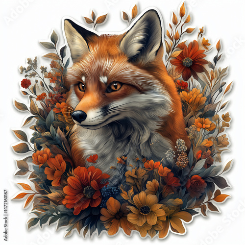 Fox Portrait amid Autumn Blooms: A captivating depiction of a fox framed by autumn blossoms, symbolizing grace and resilience in a vibrant seasonal setting.