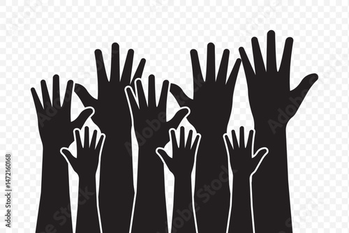 series of silhouetted hands raised high in unison icon vector illustration on Transparent Background. EPS 10.