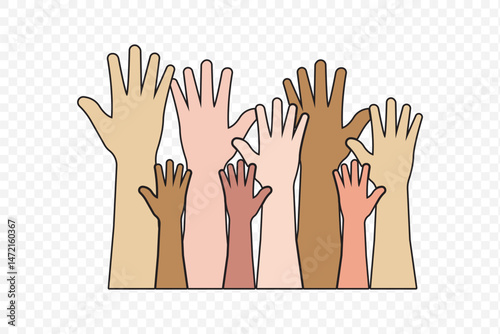 Multicolored hands raised up. The concept of friendship, peace, equality, racial diversity, inclusivity. Teamwork concept. Vector clipart. EPS 10.