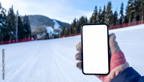 Smartphone mockup in winter landscape with copy space on screen