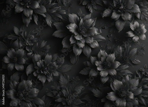 Abstract charcoal floral wallpaper, dark tone intricate botanicals, plants, monochrome, tones