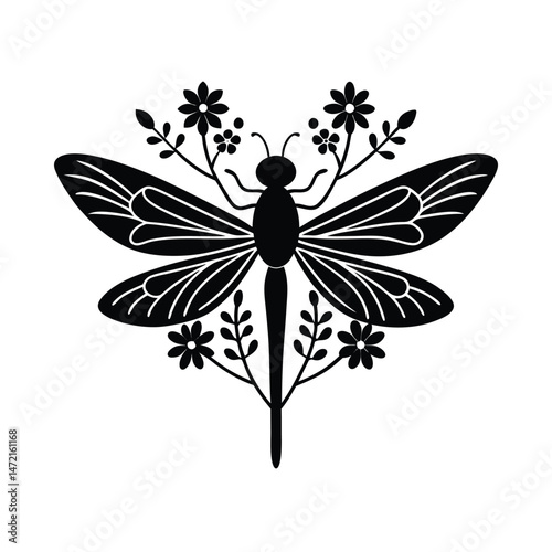 Elegant black silhouette dragonfly adorned with floral sprigs and leaves ideal for design projects and decoration