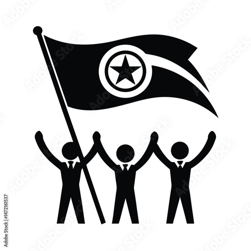Group of businessmen holding up hands symbolizing teamwork and unity under a flag of leadership