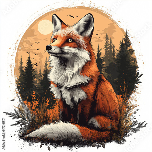 Fox in the Sunset:  A majestic fox with a vibrant red coat gazes thoughtfully towards the horizon, a vibrant sunset painting the sky behind.