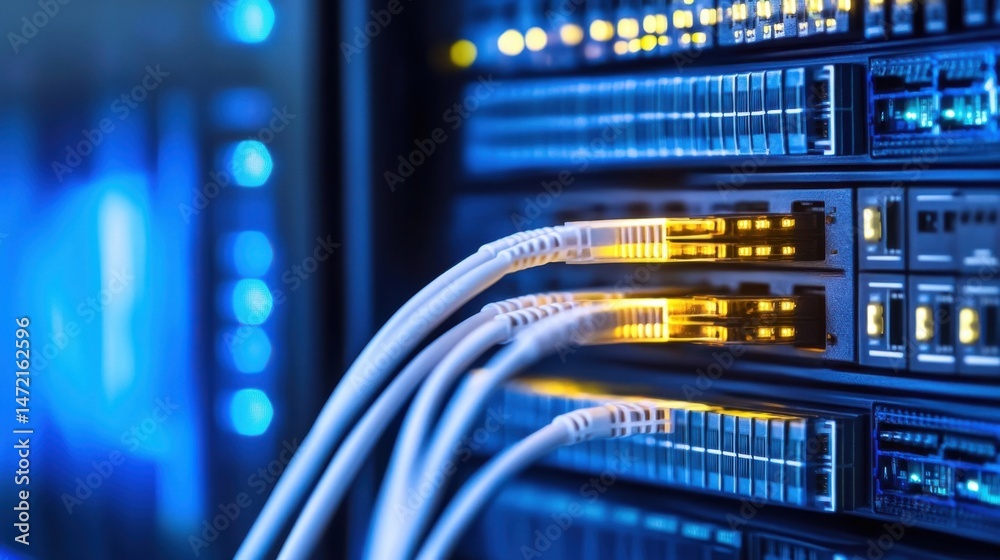 Close-up of fiber optic cables connecting to network server equipment in a data center, illuminated with blue and orange light. : Generative AI Close-up of fiber optic cables connecting to network server equipment in a data center, illuminated with blue and orange light. : Generative AI