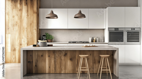 Modern kitchen island with wooden countertop and two bar stools, featuring rustic pendant lights and built-in ovens, creating a stylish and functional space. : Generative AI